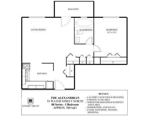 Floor plan for 1 bed, 1 bath, 580 sqft